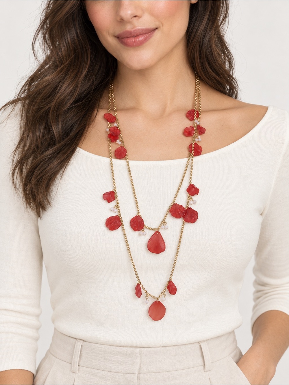 Fall Colors Layered Gold Tone Necklace Cranberry Red Petal Statement Jewelry